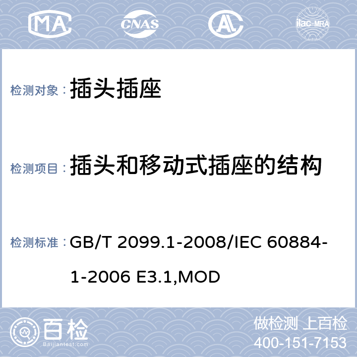 插头和移动式插座的结构 《家用和类似用途插头插座 第1部分:通用要求》 GB/T 2099.1-2008/IEC 60884-1-2006 E3.1,MOD 14