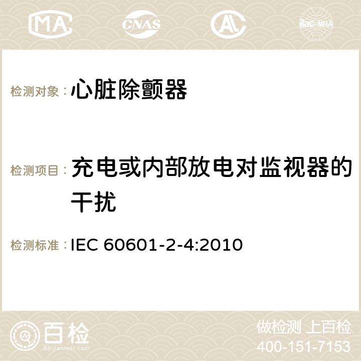充电或内部放电对监视器的干扰 医用电气设备 第2-4部分：心脏除颤器基本安全和基本性能专用要求 IEC 60601-2-4:2010 11.6.2