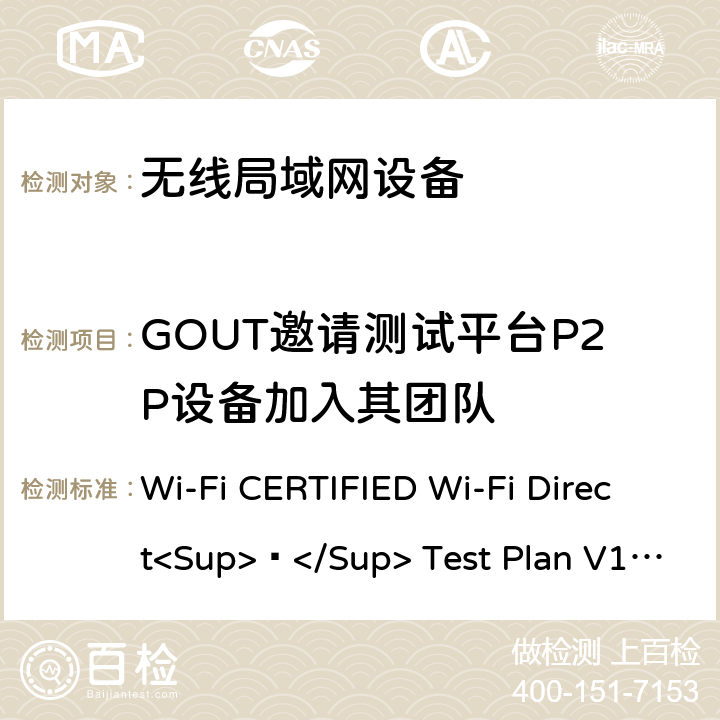 GOUT邀请测试平台P2P设备加入其团队 Wi-Fi联盟点对点直连互操作测试方法 Wi-Fi CERTIFIED Wi-Fi Direct<Sup>®</Sup> Test Plan V1.8 6.1.6