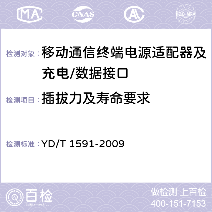 插拔力及寿命要求 《移动通信终端电源适配器及充电/数据接口技术要求和测试方法》 YD/T 1591-2009 4.3.4.7