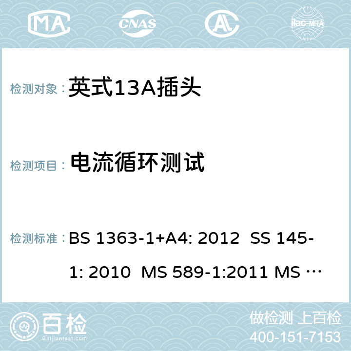 电流循环测试 英式13A插头测试方法 BS 1363-1+A4: 2012 SS 145-1: 2010 MS 589-1:2011 MS 589-1: 2018 BS 1363-1: 2016+A1: 2018 SASO 2203:2018 27; 6