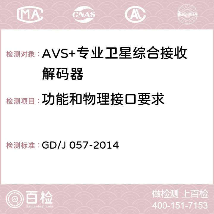 功能和物理接口要求 AVS+专业卫星综合接收解码器技术要求和测量方法 GD/J 057-2014 4.1