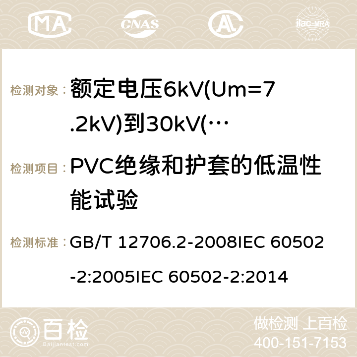 PVC绝缘和护套的低温性能试验 额定电压1kV(Um=1.2kV)到35kV(Um=40.5kV)挤包绝缘电力电缆及附件 第2部分:额定电压6kV(Um=7.2kV)到30kV(Um=36kV)电缆 GB/T 12706.2-2008
IEC 60502-2:2005
IEC 60502-2:2014 19.8