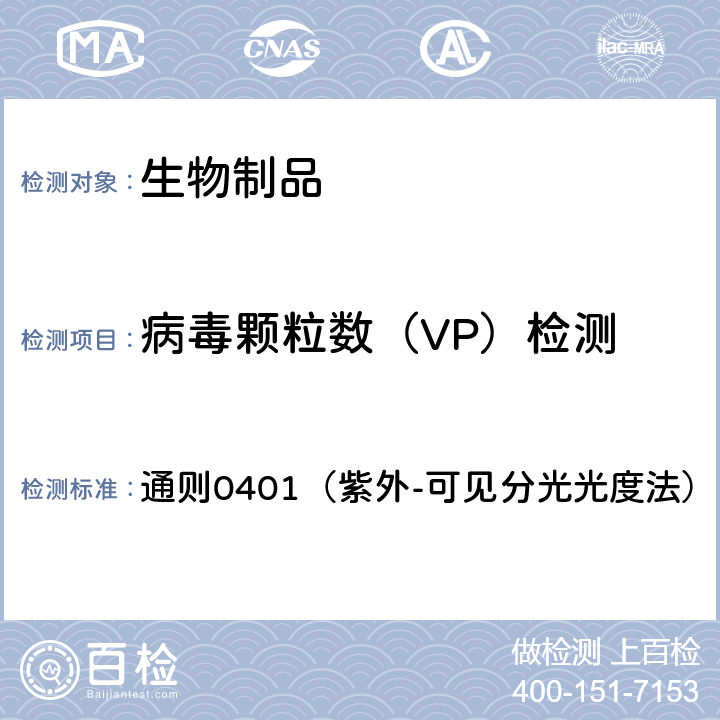 病毒颗粒数（VP）检测 中国药典2020年版 三部/四部 通则0401（紫外-可见分光光度法）
