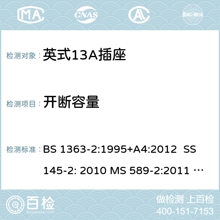 开断容量 英式13A插座测试方法 BS 1363-2:1995+A4:2012 SS 145-2: 2010 MS 589-2:2011 MS 589-2: 2018 BS 1363-2: 2016+A1: 2018 SS 145-2: 2018 SASO 2203: 2018 17; 5.7