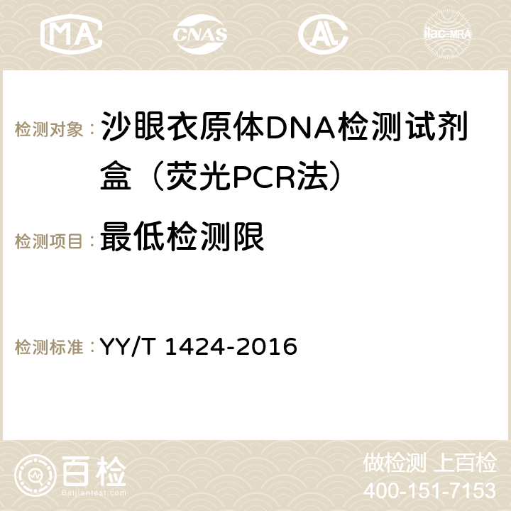 最低检测限 YY/T 1424-2016 沙眼衣原体DNA检测试剂盒(荧光PCR法)