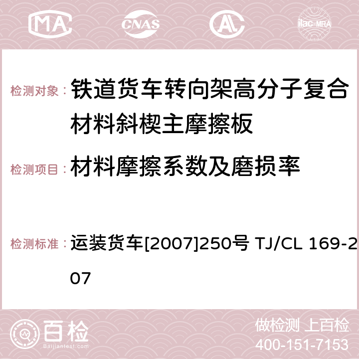 材料摩擦系数及磨损率 运装货车[2007]250号 关于印发《铁道货车转向架高分子复合材料斜楔主摩擦板技术条件及检验方法》和审查意见的通知 运装货车[2007]250号 TJ/CL 169-2007 附录B