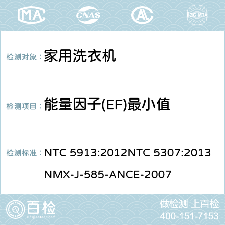 能量因子(EF)最小值 家用洗衣机性能 NTC 5913:2012
NTC 5307:2013
NMX-J-585-ANCE-2007 6.1
