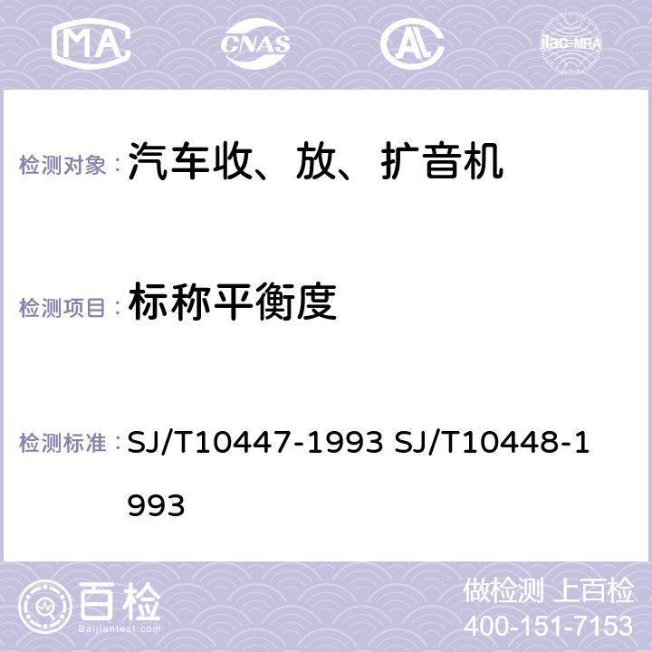 标称平衡度 汽车收、放、扩音机分类与基本参数
汽车收、放、扩音机测量方法 SJ/T10447-1993 
SJ/T10448-1993 表2.16