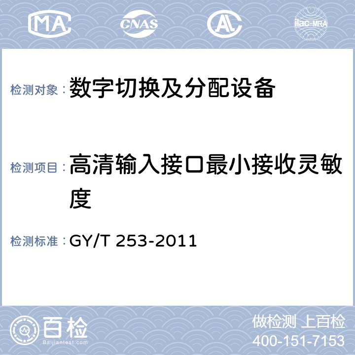 高清输入接口最小接收灵敏度 数字切换矩阵技术要求和测量方法 GY/T 253-2011 6.4.1.3