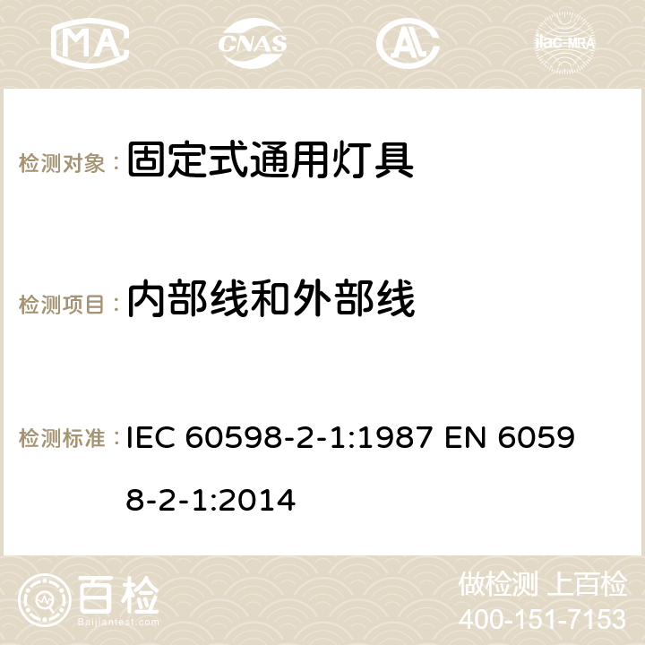 内部线和外部线 固定式灯具安全要求 IEC 60598-2-1:1987 
EN 60598-2-1:2014 1.11