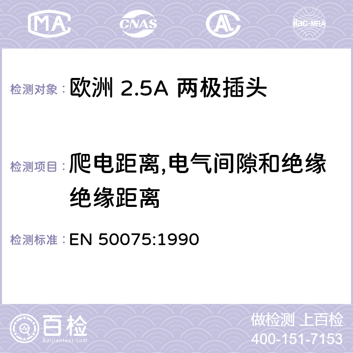 爬电距离,电气间隙和绝缘绝缘距离 家用和类似用 途Ⅱ类设备连 接用带软线的 2.5A、250V 不可 拆线双极扁平 插头规范 EN 50075:1990 16