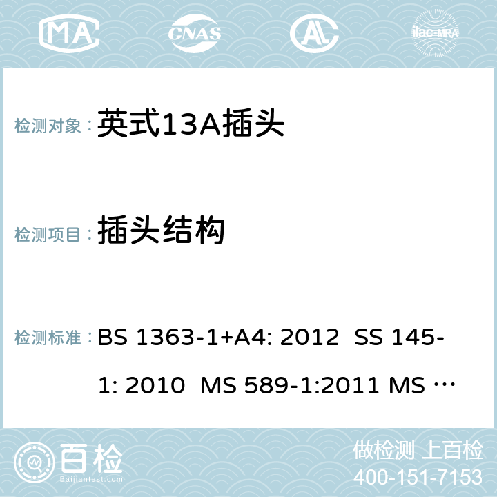 插头结构 英式13A插头测试方法 BS 1363-1+A4: 2012 SS 145-1: 2010 MS 589-1:2011 MS 589-1: 2018 BS 1363-1: 2016+A1: 2018 SASO 2203:2018 12; 4.1
