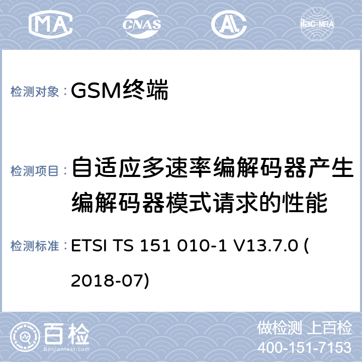 自适应多速率编解码器产生编解码器模式请求的性能 数字蜂窝通信系统（第2+阶段）（GSM）；移动站（MS）一致性规范; 第1部分：一致性规范 (3GPP TS 51.010-1 version 13.7.0 Release 13) ETSI TS 151 010-1 V13.7.0 (2018-07) 14.10