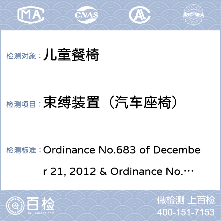 束缚装置（汽车座椅） 儿童餐椅的质量技术法规 Ordinance No.683 of December 21, 2012 & Ordinance No.227 of May 17, 2016 5.2.7，6.1.10，6.2.13