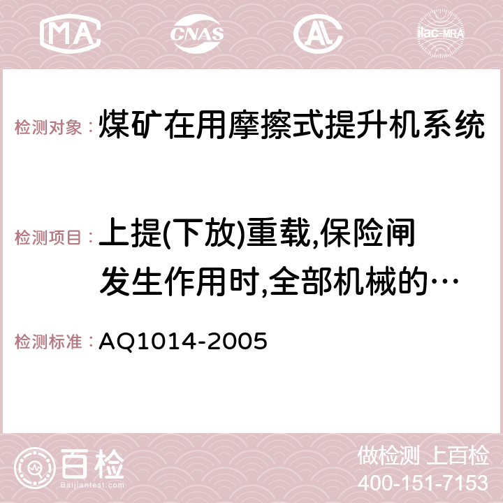 上提(下放)重载,保险闸发生作用时,全部机械的减速度 《煤矿在用摩擦式提升机系统安全检测检验规范》 AQ1014-2005 4.3.9