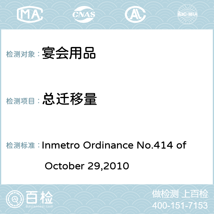 总迁移量 Inmetro Ordinance No.414 of October 29,2010 宴会用品安全规范  条款6.1.3