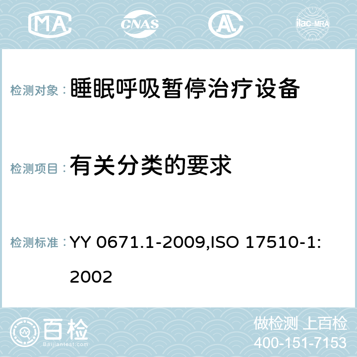 有關(guān)分類的要求 睡眠呼吸暫停治療 第1部分：睡眠呼吸暫停治療設(shè)備 YY 0671.1-2009,ISO 17510-1:2002 14