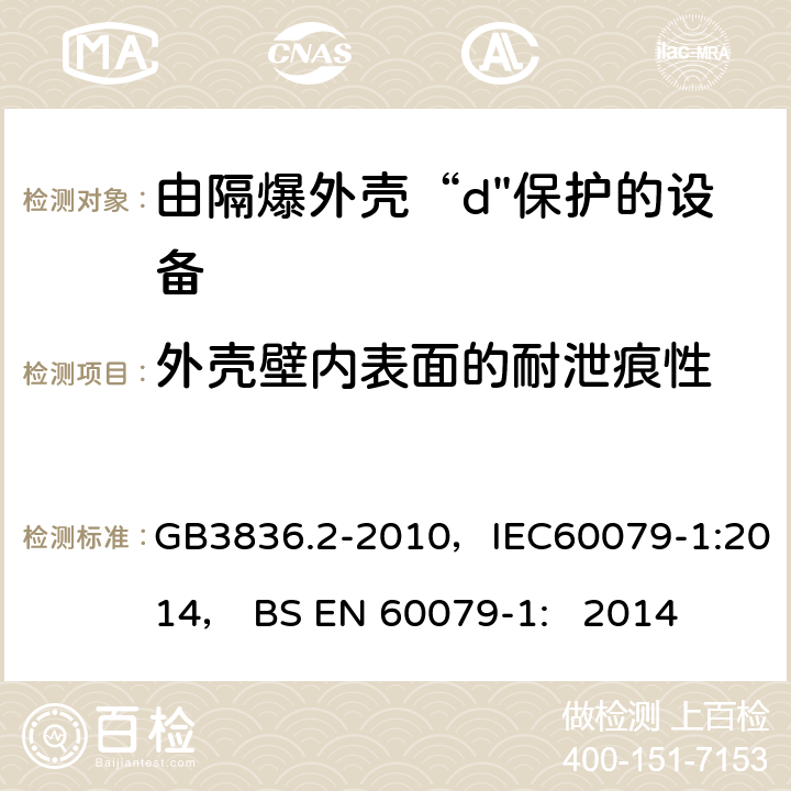 外壳壁内表面的耐泄痕性 爆炸性环境 第2部分：由隔爆外壳“d"保护的设备 GB3836.2-2010，IEC60079-1:2014， BS EN 60079-1: 2014 19.2.1