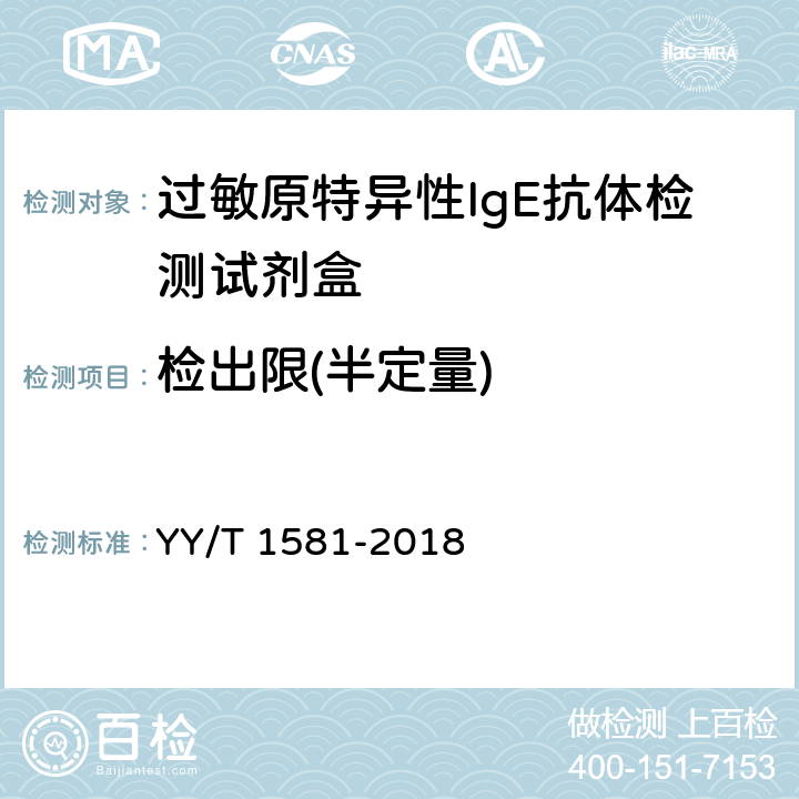 检出限(半定量) YY/T 1581-2018 过敏原特异性IgE抗体检测试剂盒