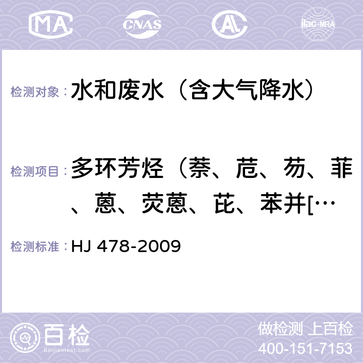 多环芳烃（萘、苊、芴、菲、蒽、荧蒽、芘、苯并[a]蒽、䓛、苯并[b]荧蒽、苯并[k]荧蒽、苯并[a]芘、二苯并[a,h]蒽、苯并[g,h,i]苝、茚并[1,2,3-c,d]芘，共15种） 水质 多环芳烃的测定 液液萃取和固相萃取 高效液相色谱法 HJ 478-2009