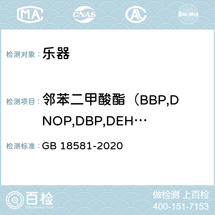 邻苯二甲酸酯（BBP,DNOP,DBP,DEHP,DIDP,DINP） 木器涂料中有害物质限量 GB 18581-2020 6.2.12