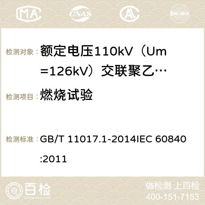 燃烧试验 额定电压110kV（Um=126kV）交联聚乙烯绝缘电力电缆及其附件 第1部分：试验方法和要求 GB/T 11017.1-2014
IEC 60840:2011 12.5.13