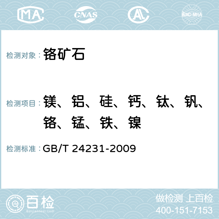 镁、铝、硅、钙、钛、钒、铬、锰、铁、镍 GB/T 24231-2009 铬矿石 镁、铝、硅、钙、钛、钒、铬、锰、铁和镍含量的测定 波长色散X射线荧光光谱法