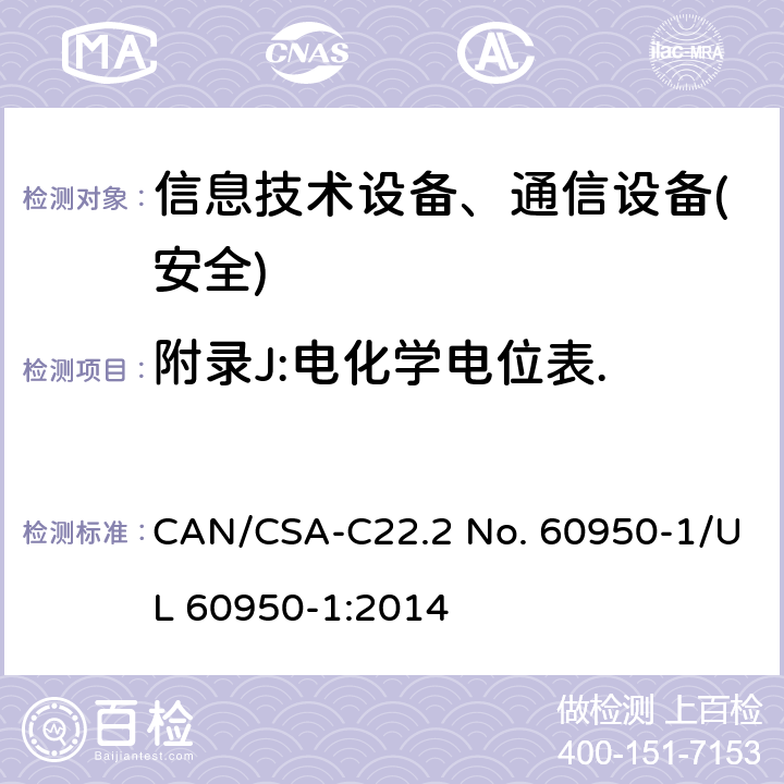 附录J:电化学电位表. CSA-C22.2 NO. 60 信息技术设备-安全 第1部分 通用要求 CAN/CSA-C22.2 No. 60950-1/UL 60950-1:2014 附录J