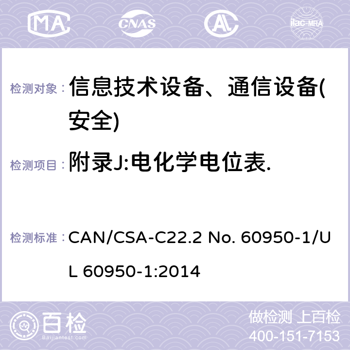 附录J:电化学电位表. 信息技术设备-安全 第1部分 通用要求 CAN/CSA-C22.2 No. 60950-1/UL 60950-1:2014 附录J