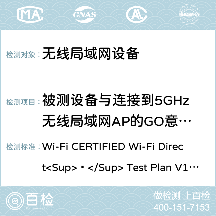 被测设备与连接到5GHz无线局域网AP的GO意向值为15的测试床P2P设备建立组 Wi-Fi联盟点对点直连互操作测试方法 Wi-Fi CERTIFIED Wi-Fi Direct<Sup>®</Sup> Test Plan V1.8 5.1.11