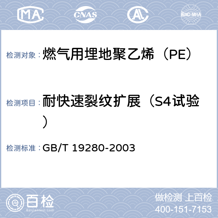 耐快速裂纹扩展（S4试验） 流体输送用热塑性塑料管材 耐快速裂纹扩展(RCP)的测定 小尺寸稳态试验(S4试验) GB/T 19280-2003