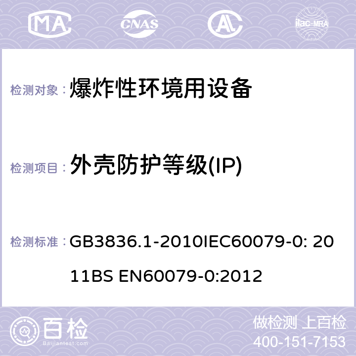 外壳防护等级(IP) 爆炸性环境 第1部分：设备 通用要求 GB3836.1-2010IEC60079-0: 2011BS EN60079-0:2012 26.4.5，附录A.3.4