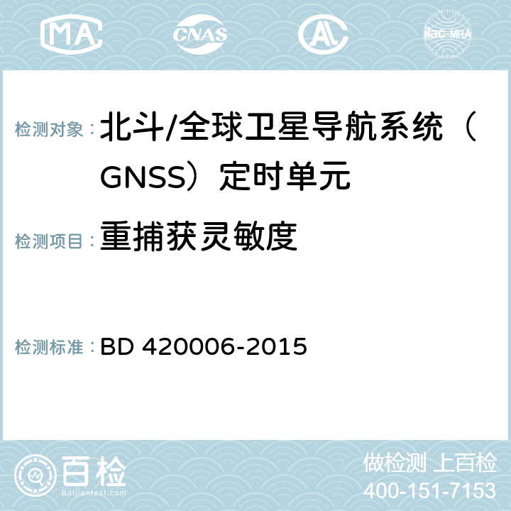 重捕获灵敏度 北斗/全球卫星导航系统（GNSS）定时单元性能及测试方法 BD 420006-2015 5.6.2.2