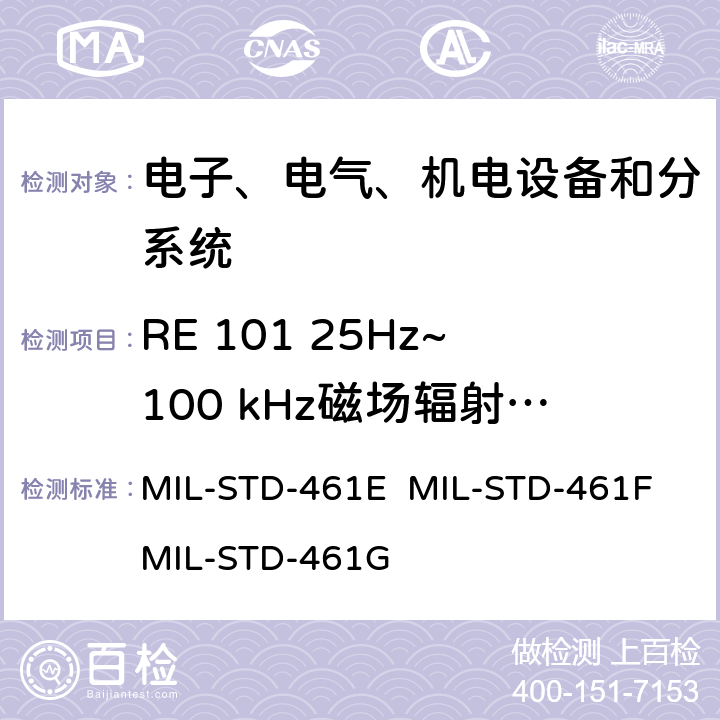 RE 101 25Hz~100 kHz磁场辐射发射 设备和子系统电磁兼容特性控制要求 MIL-STD-461E MIL-STD-461F MIL-STD-461G 5.15/5.16/5.17