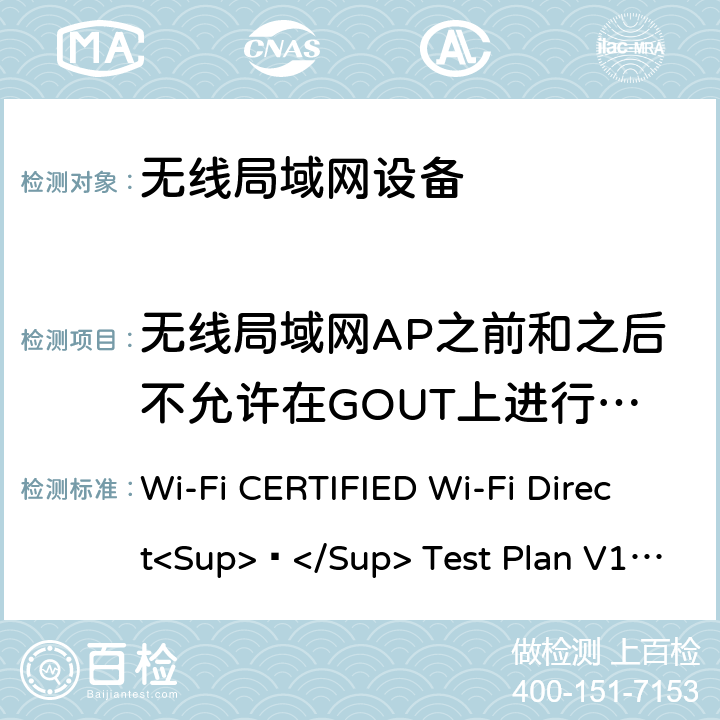 无线局域网AP之前和之后不允许在GOUT上进行交叉连接或者交叉重连接 Wi-Fi联盟点对点直连互操作测试方法 Wi-Fi CERTIFIED Wi-Fi Direct<Sup>®</Sup> Test Plan V1.8 6.1.15