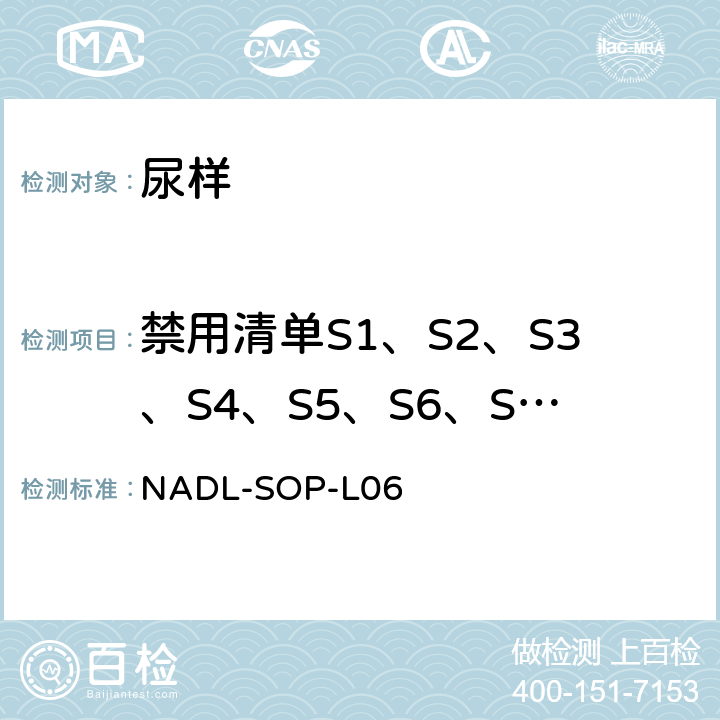 禁用清单S1、S2、S3、S4、S5、S6、S7、S8、S9类物质、b阻断剂（世界反兴奋剂组织（WADA）公布禁用药物） 液相色谱高分辨质谱联用分析方法-小分子类兴奋剂物质及其代谢物检测标准操作程序（QE） NADL-SOP-L06