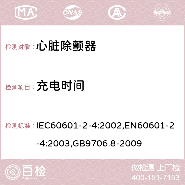 充电时间 医用电气设备 第2-4部分：心脏除颤器安全专用要求 IEC60601-2-4:2002,EN60601-2-4:2003,GB9706.8-2009 101