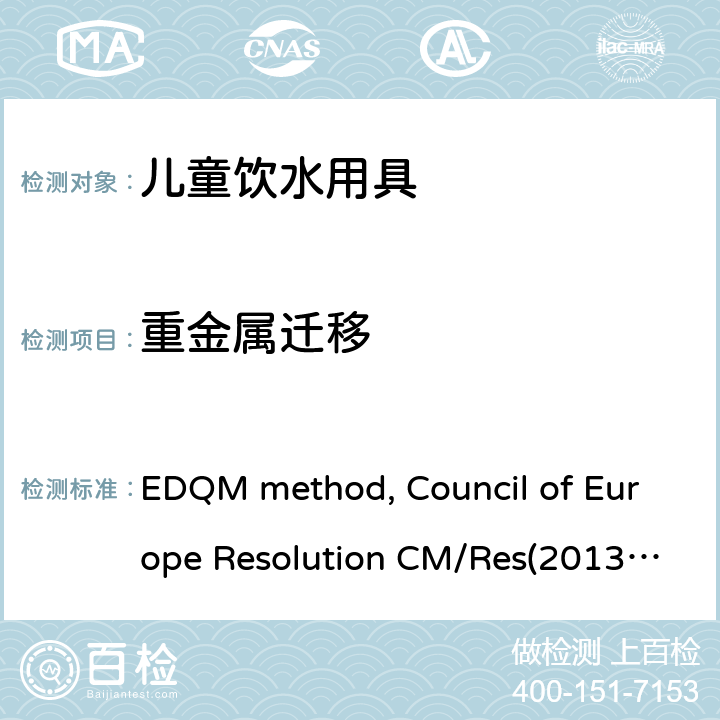 重金属迁移 用于食品接触材料和制品的EDQM金属和合金 EDQM method, Council of Europe Resolution CM/Res(2013)9
