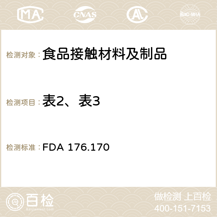 表2、表3 与水质食品和脂质食品接触的纸和纸板的组分 FDA 176.170