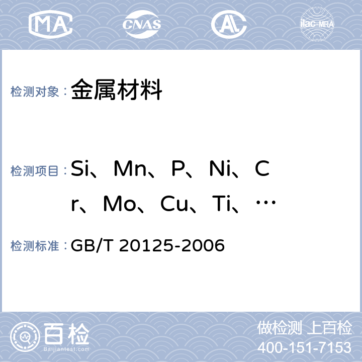 Si、Mn、P、Ni、Cr、Mo、Cu、Ti、Al、V 低合金钢 多元素含量的测定 电感耦合等离子体原子发射光谱法 GB/T 20125-2006