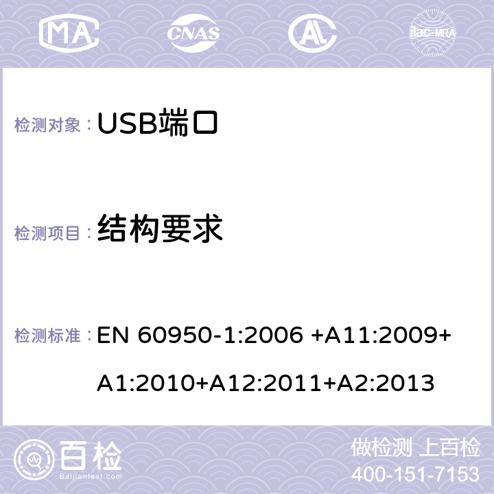 结构要求 信息技术设备 安全 第 1 部分：通用要求 EN 60950-1:2006 
+A11:2009+A1:2010+A12:2011+A2:2013 4