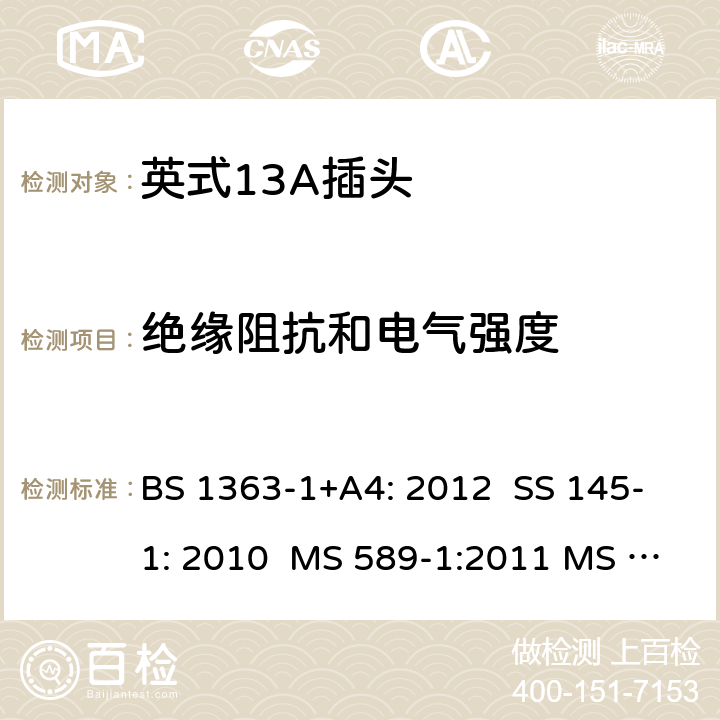 绝缘阻抗和电气强度 英式13A插头测试方法 BS 1363-1+A4: 2012 SS 145-1: 2010 MS 589-1:2011 MS 589-1: 2018 BS 1363-1: 2016+A1: 2018 SASO 2203:2018 15; 5.3& 5.4