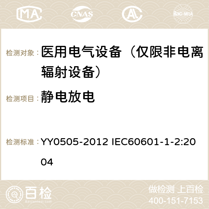 静电放电 医用电气设备第1-2部分：安全通用要求 并列标准：电磁兼容 要求和试验 YY0505-2012 IEC60601-1-2:2004