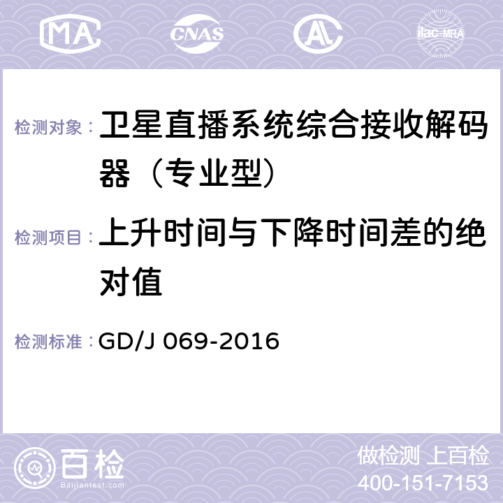 上升时间与下降时间差的绝对值 卫星直播系统综合接收解码器（专业型）技术要求和测量方法 GD/J 069-2016 5.6,5.7