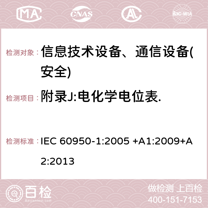 附录J:电化学电位表. 信息技术设备-安全 第1部分 通用要求 IEC 60950-1:2005 +A1:2009+A2:2013 附录J