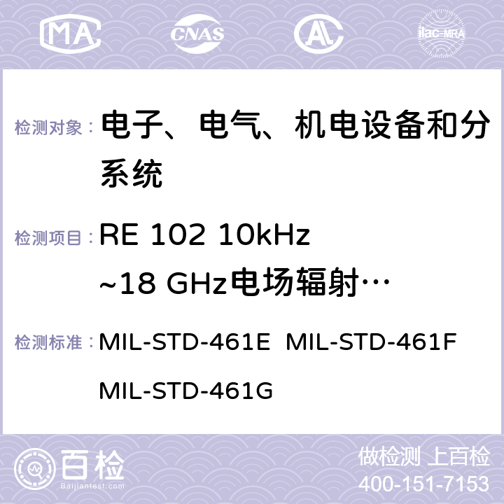 RE 102 10kHz~18 GHz电场辐射 发射 MIL-STD-461E 设备和子系统电磁兼容特性控制要求  MIL-STD-461F MIL-STD-461G 5.16/5.17/5.18