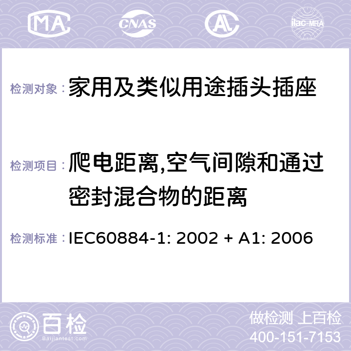 爬电距离,空气间隙和通过密封混合物的距离 家用及类似用途插头插座第1部分:通用要求 IEC60884-1: 2002 + A1: 2006 27