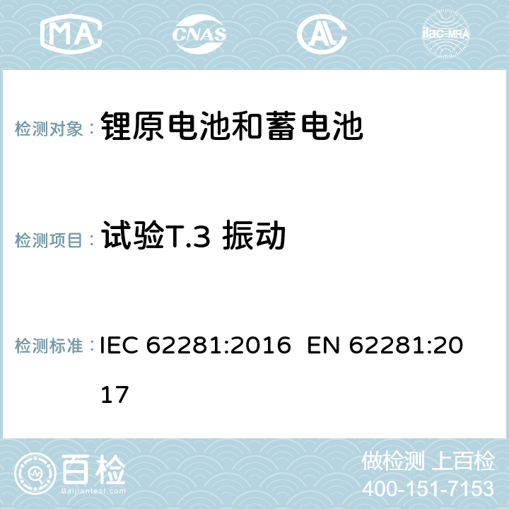试验T.3 振动 IEC 62281-2016 原级和次级锂电池和电池组的安全