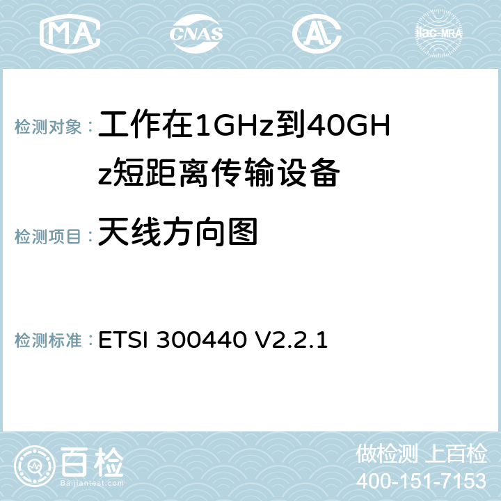 天线方向图 ETSI 300440 V2.2.1 《短距离设备（SRD）; 1 GHz至40 GHz频率范围内使用的无线电设备;符合2004/53 / EU指令第3.18条要求的协调标准》  4.6.4
